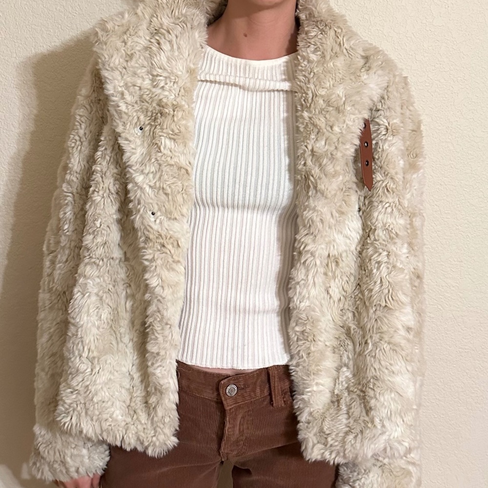 Anthropologie Cream Faux Fur Sherpa Jacket — Soft Winter Teddy Coat, Size XS